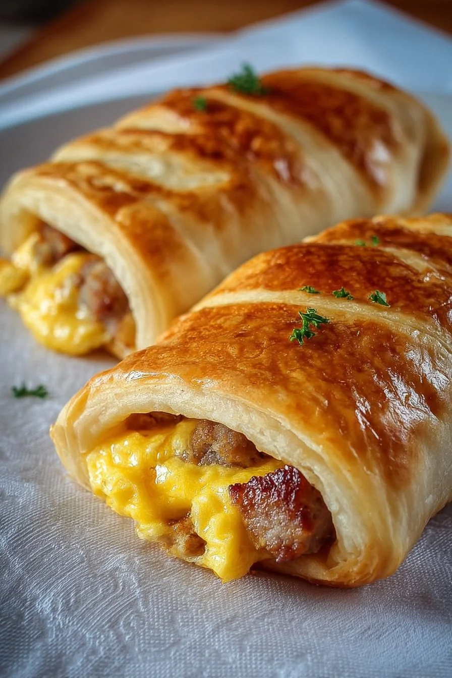 Sausage, egg, and cheese breakfast roll-ups on a plate