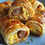 Sausage, egg, and cheese breakfast roll-ups served on a plate