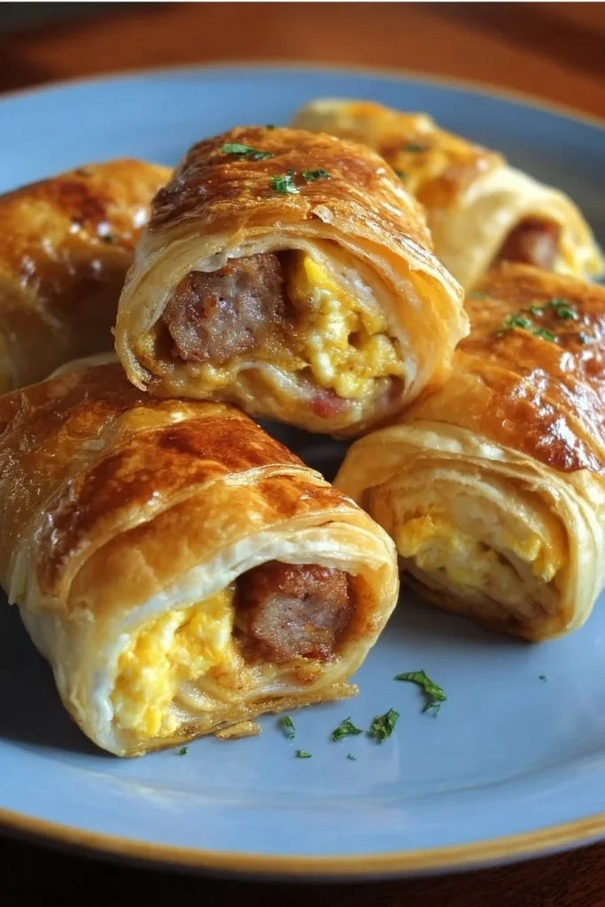 Sausage, egg, and cheese breakfast roll-ups served on a plate