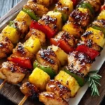 Grilled pineapple chicken kabobs served on a platter with vibrant colors.