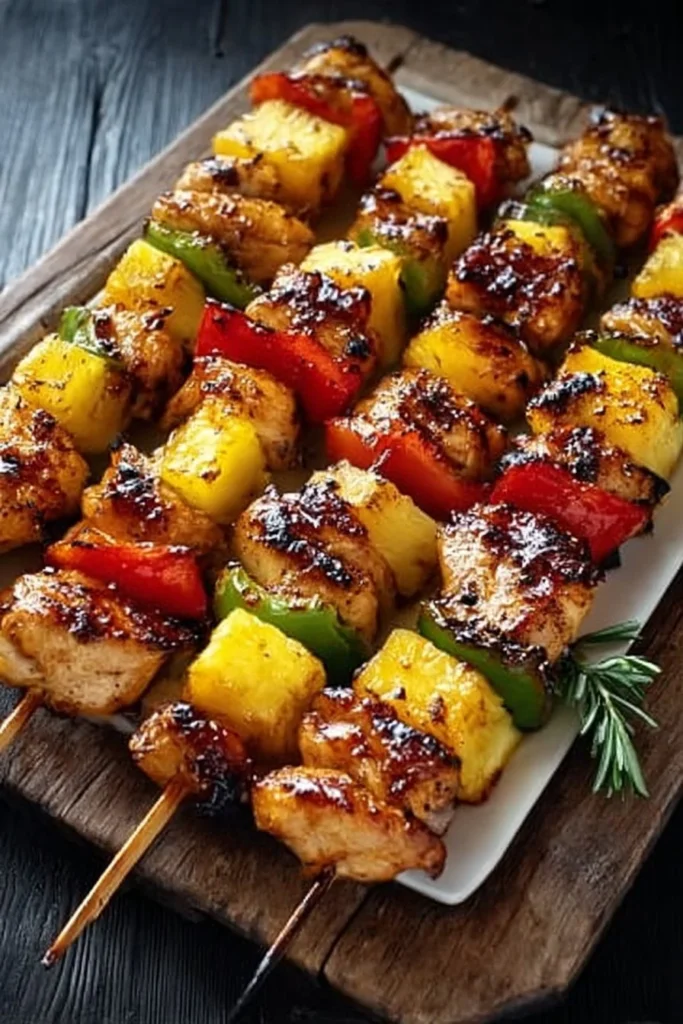Grilled pineapple chicken kabobs served on a platter with vibrant colors.
