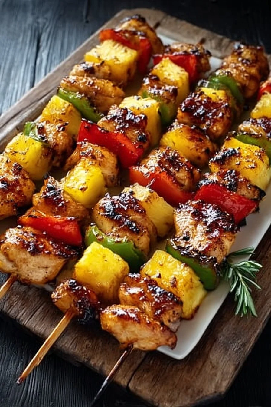Grilled pineapple chicken kabobs served on a platter with vibrant colors.