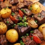 Savory grilled steak and potato kabobs on a platter ready for grilling.