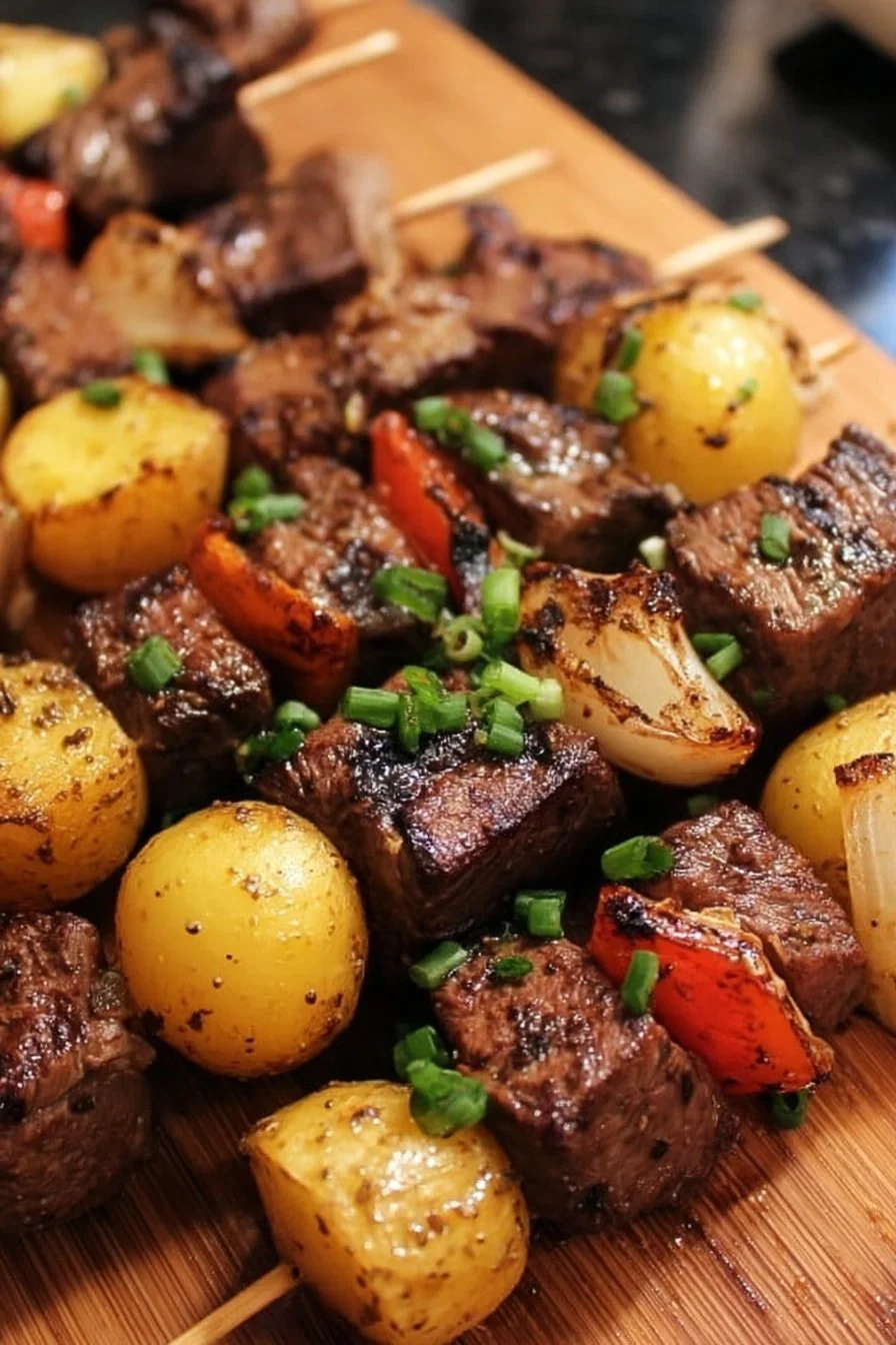 Savory grilled steak and potato kabobs on a platter ready for grilling.