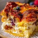 Delicious Simple Sweet Croissant Breakfast Casserole served with fresh fruit