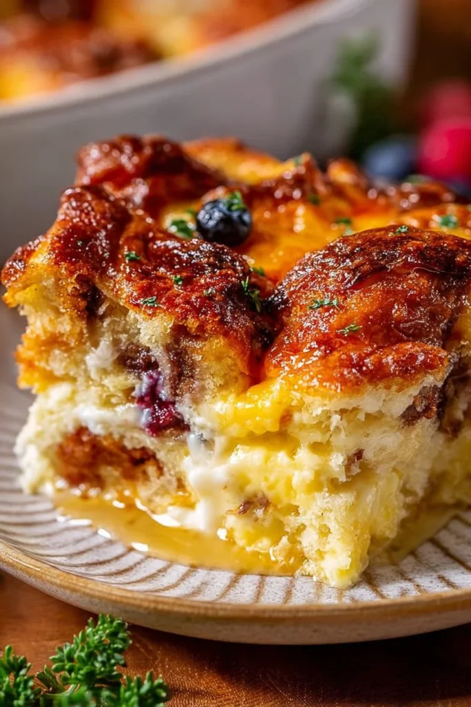 Delicious Simple Sweet Croissant Breakfast Casserole served with fresh fruit