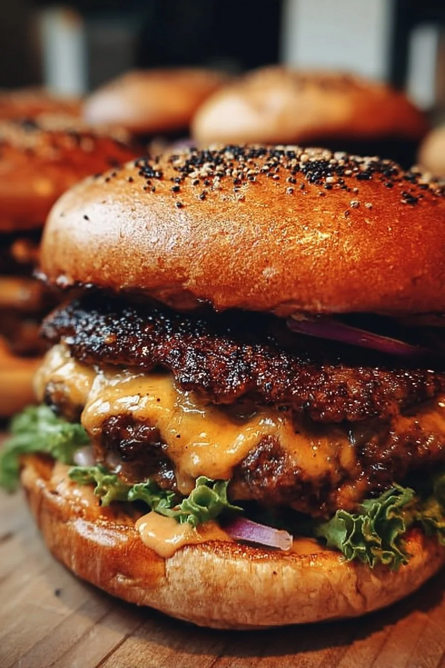 Delicious Smoked Cajun Cheese Burgers served with toppings and sides