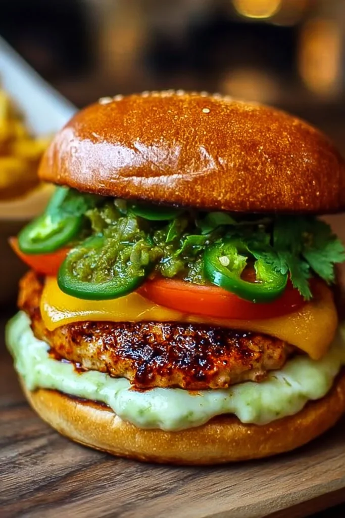 Spicy Jalapeño Pepper Jack Chicken Burger served with fresh toppings