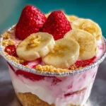 Creamy strawberry banana pudding in a glass, topped with fresh fruit.