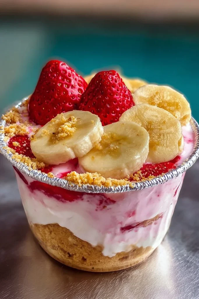 Creamy strawberry banana pudding in a glass, topped with fresh fruit.