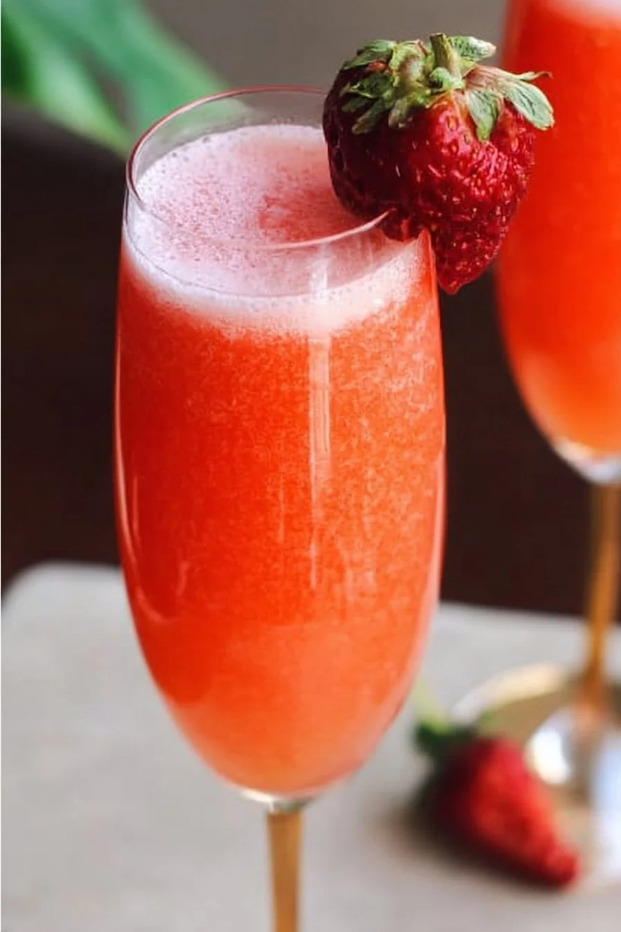 Refreshing Strawberry Bellini cocktail with fresh strawberries and sparkling wine