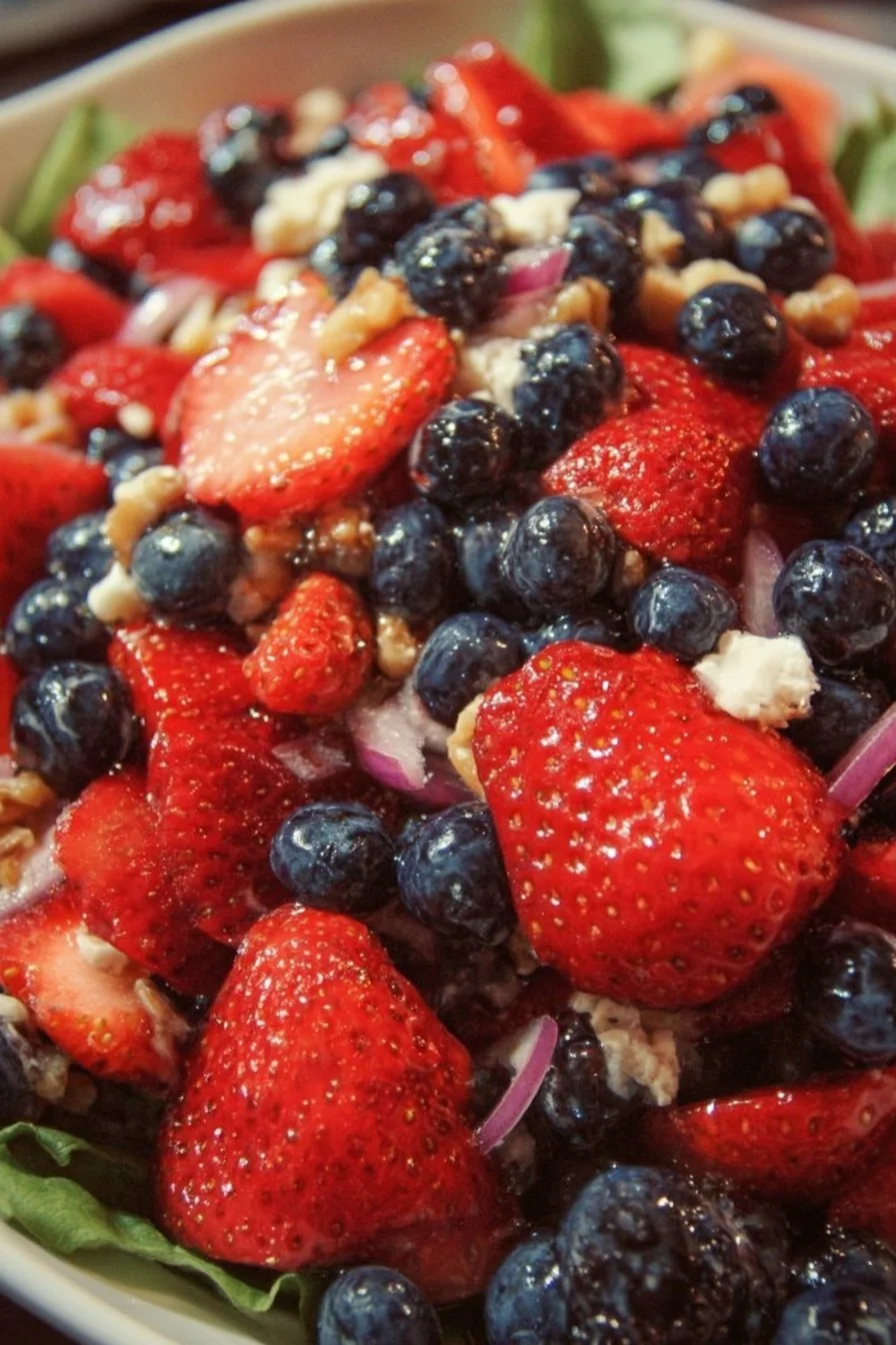 Fresh Strawberry Blueberry Salad with leafy greens and a light dressing