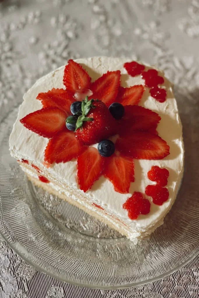 Delicious homemade strawberry cake topped with fresh strawberries and cream