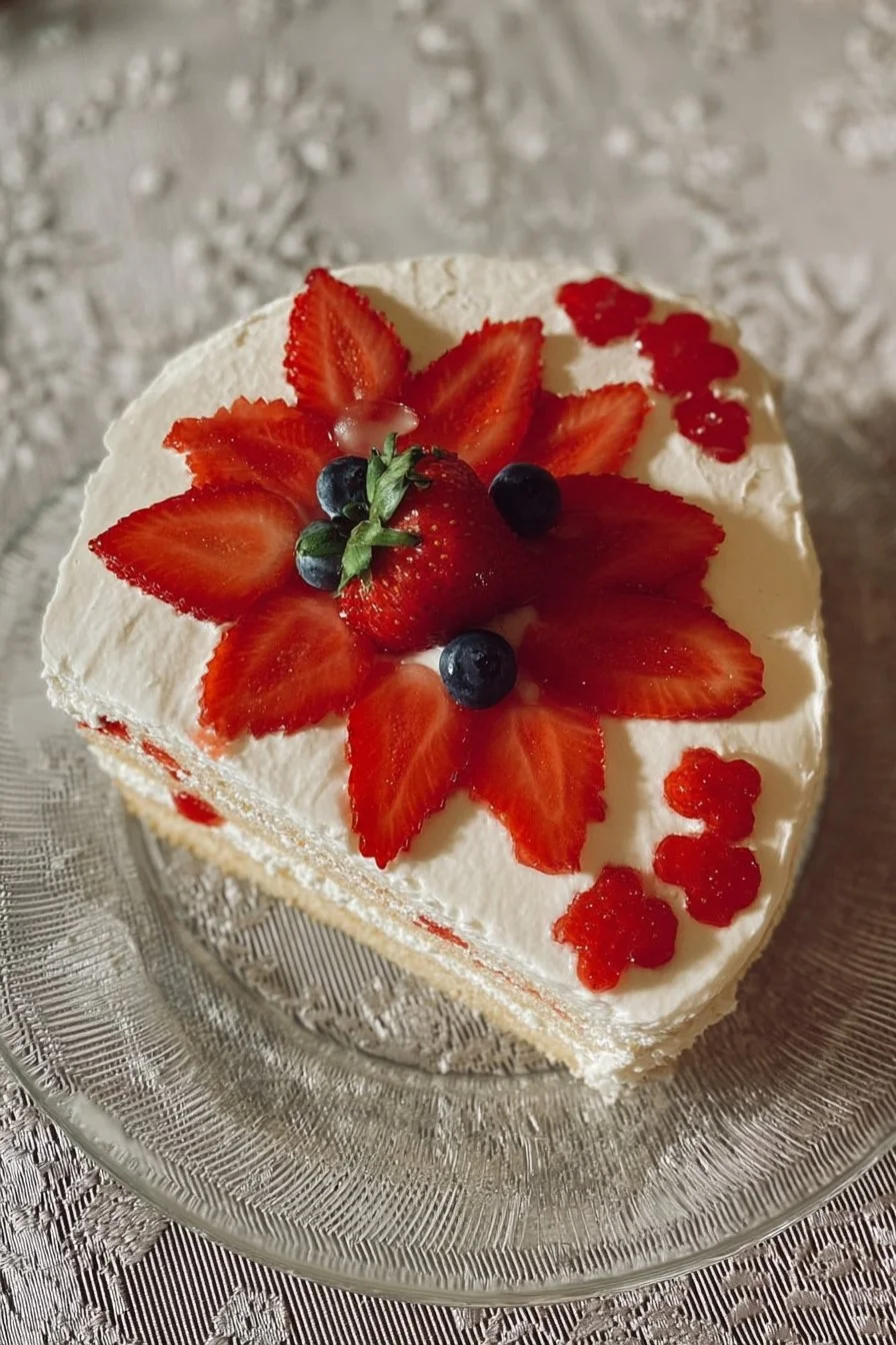Delicious homemade strawberry cake topped with fresh strawberries and cream