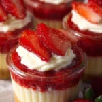 Strawberry cheesecake cups topped with fresh strawberries and cream.