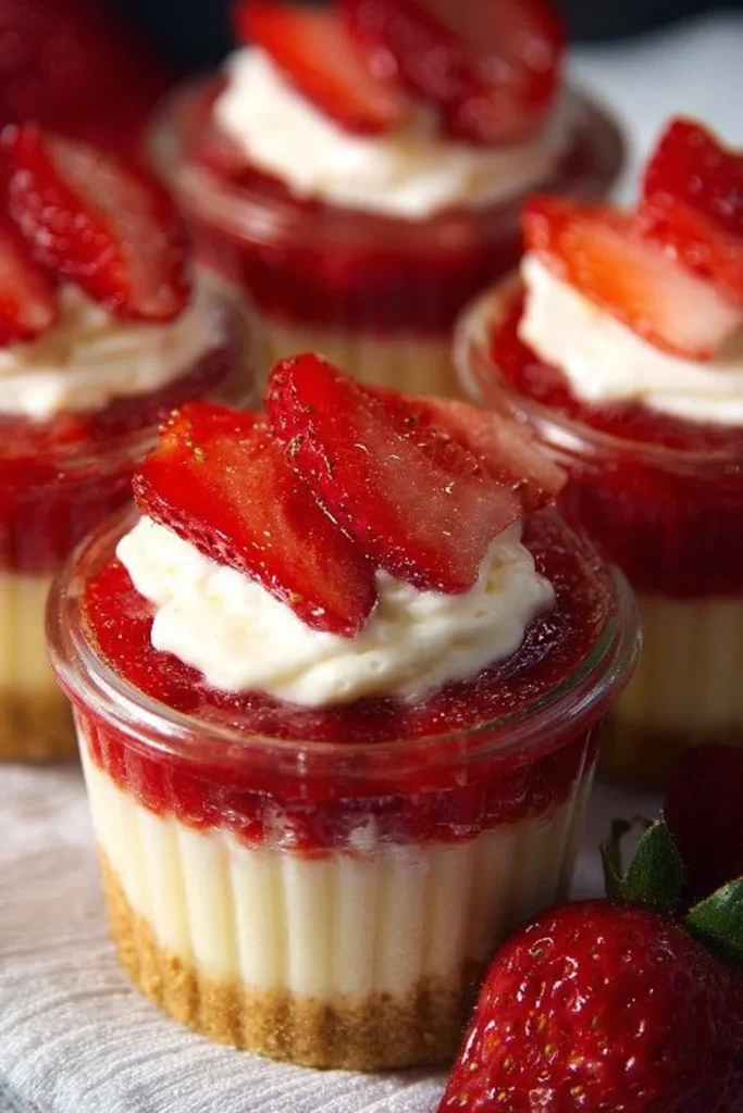 Strawberry cheesecake cups topped with fresh strawberries and cream.