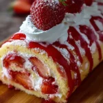 Strawberry Cheesecake Roll Cake topped with fresh strawberries and whipped cream.