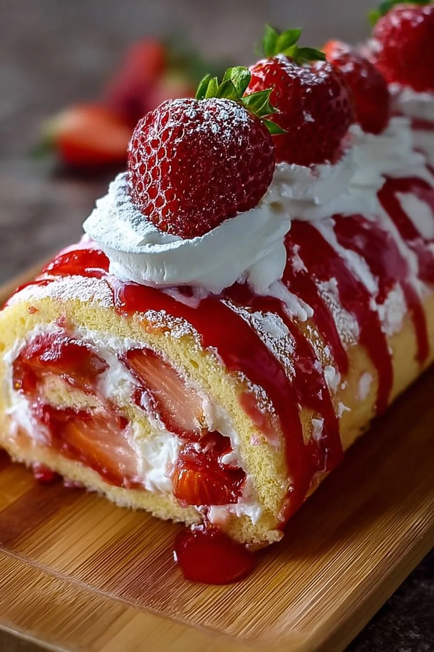 Strawberry Cheesecake Roll Cake topped with fresh strawberries and whipped cream.