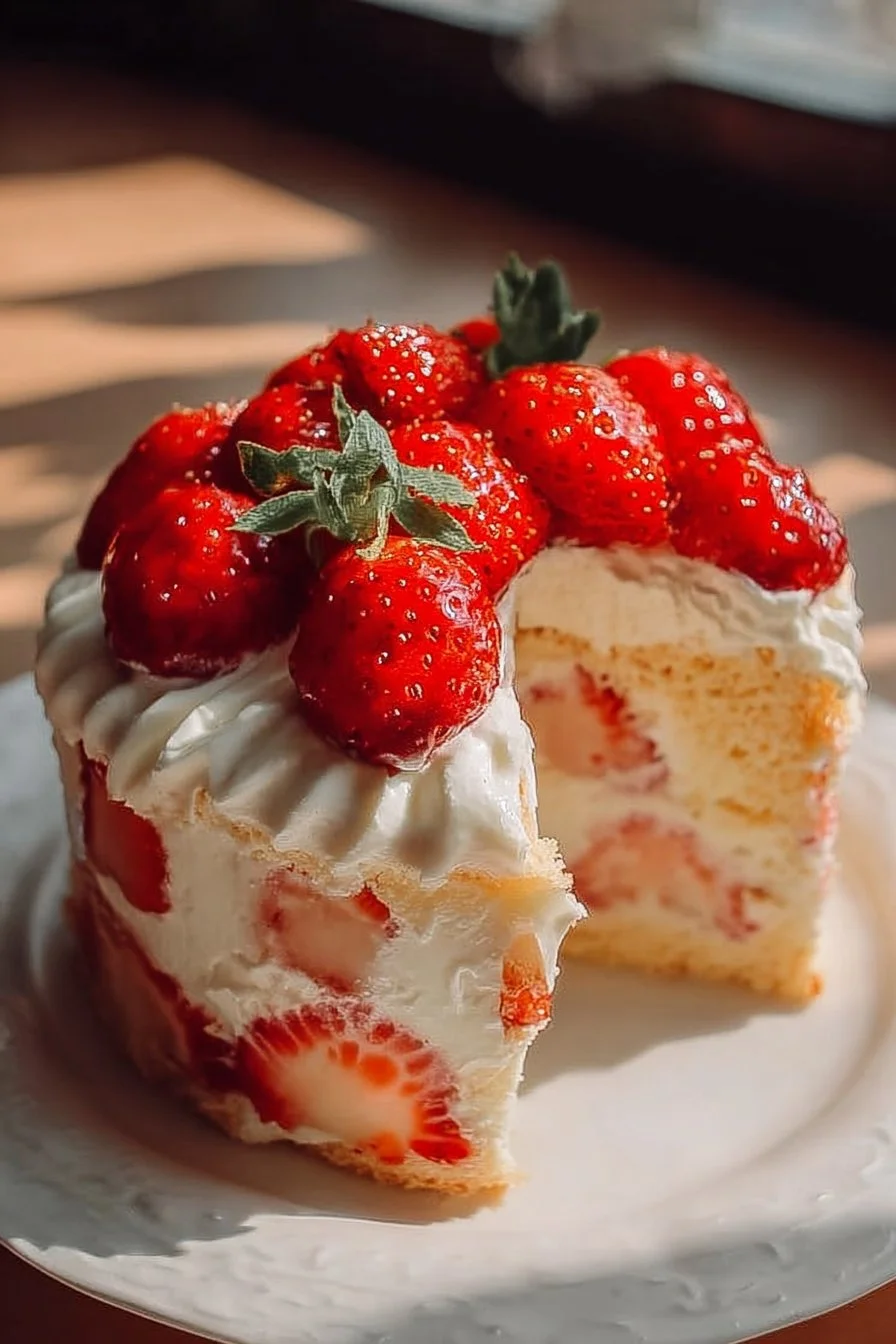 Delicious Strawberry Custard Cake layered with fresh strawberries and creamy custard.