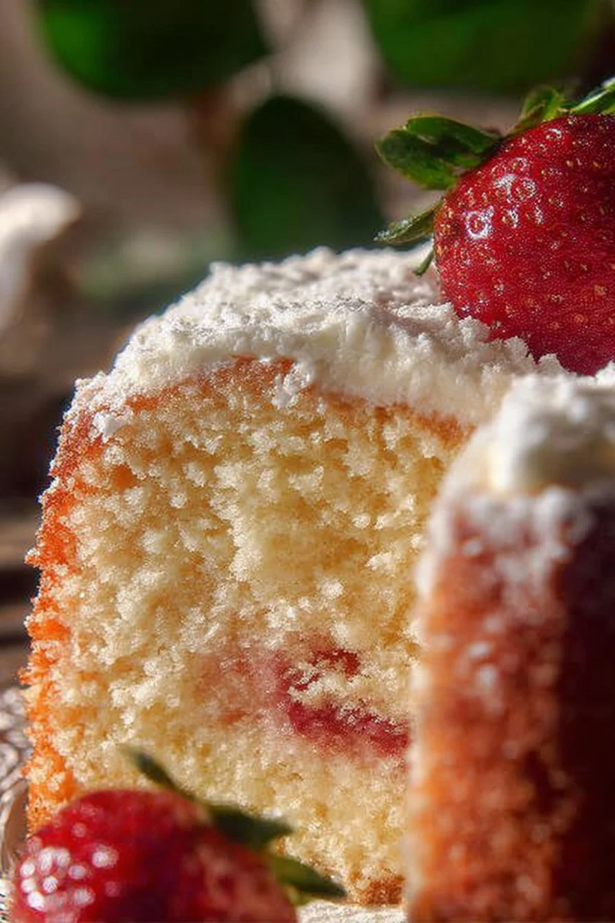 Slice of Strawberry Italian Cream Pound Cake topped with fresh strawberries
