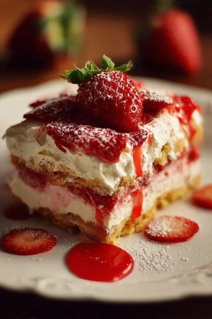 Delicious strawberry lasagna layered with creamy filling and fresh strawberries