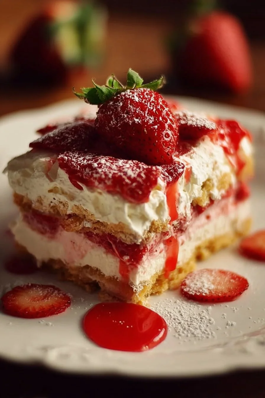 Delicious strawberry lasagna layered with creamy filling and fresh strawberries