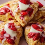 Freshly baked strawberry lemon cream scones on a rustic table