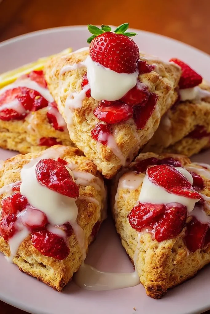 Freshly baked strawberry lemon cream scones on a rustic table