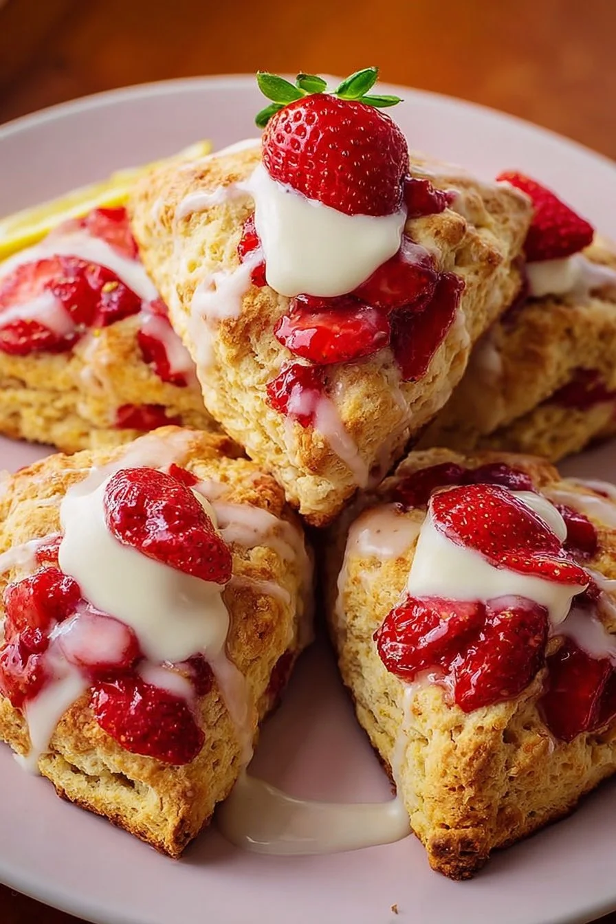 Freshly baked strawberry lemon cream scones on a rustic table