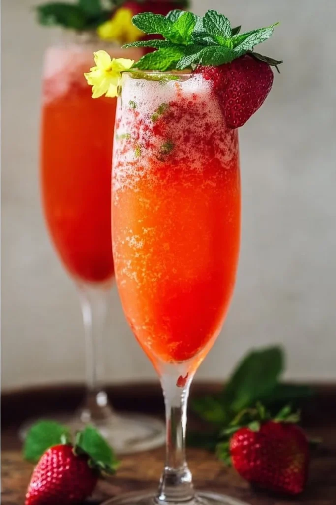 A vibrant Strawberry Mimosa Mocktail garnished with fresh strawberries.
