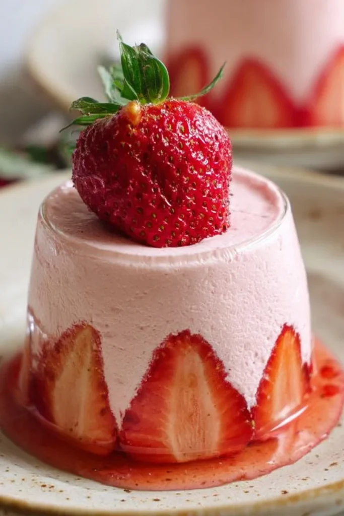 Delicious homemade strawberry mousse dessert topped with fresh strawberries