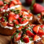 Strawberry Ricotta Bruschetta on toasted bread garnished with fresh basil