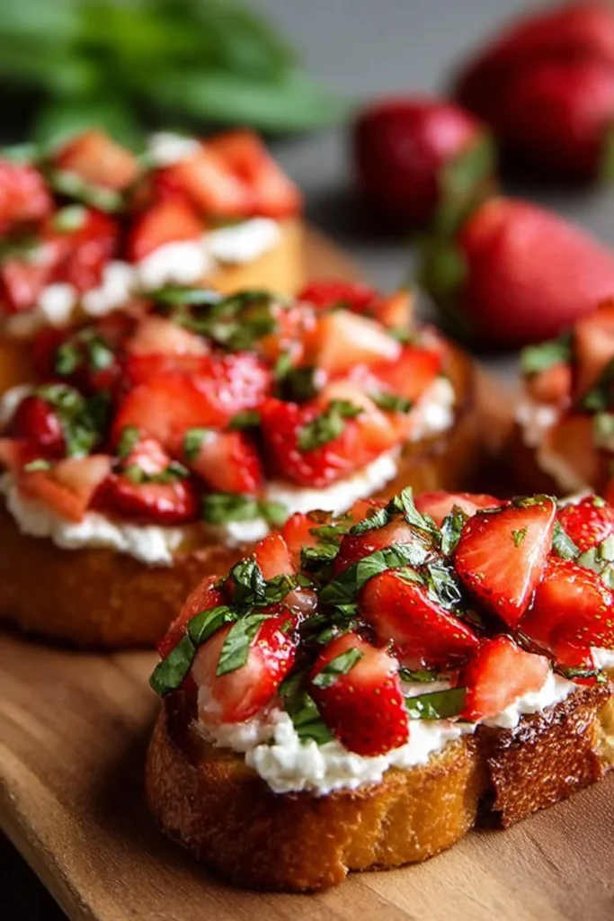 Strawberry Ricotta Bruschetta on toasted bread garnished with fresh basil