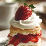 Delicious strawberry shortcake with fresh strawberries and whipped cream garnish