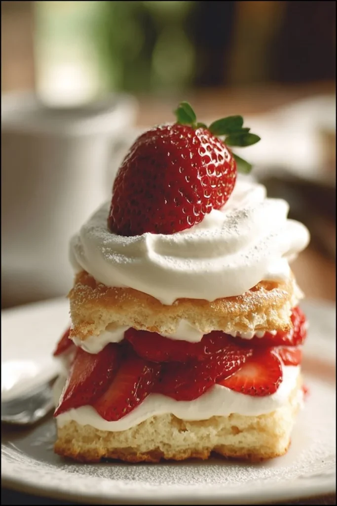 Delicious strawberry shortcake with fresh strawberries and whipped cream garnish