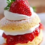 Delicious strawberry shortcake topped with fresh strawberries and whipped cream