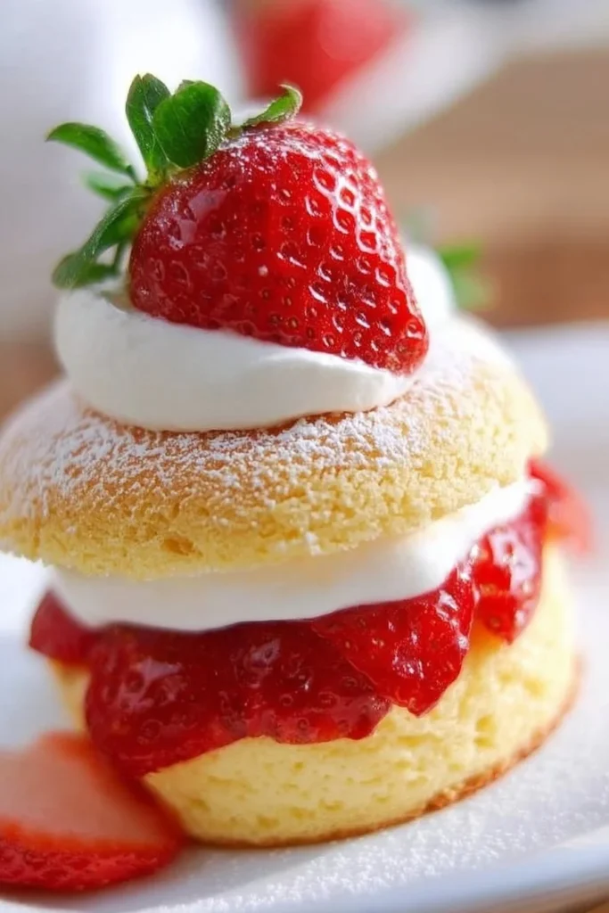 Delicious strawberry shortcake topped with fresh strawberries and whipped cream