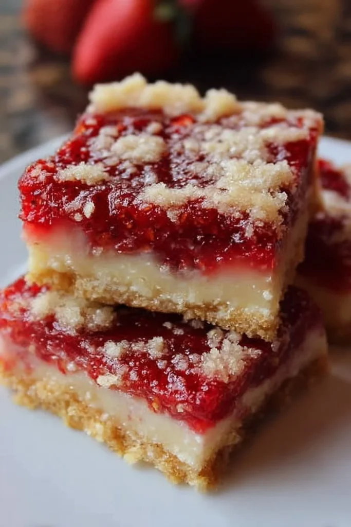 Delicious Strawberry Shortcake Bars garnished with fresh strawberries and whipped cream