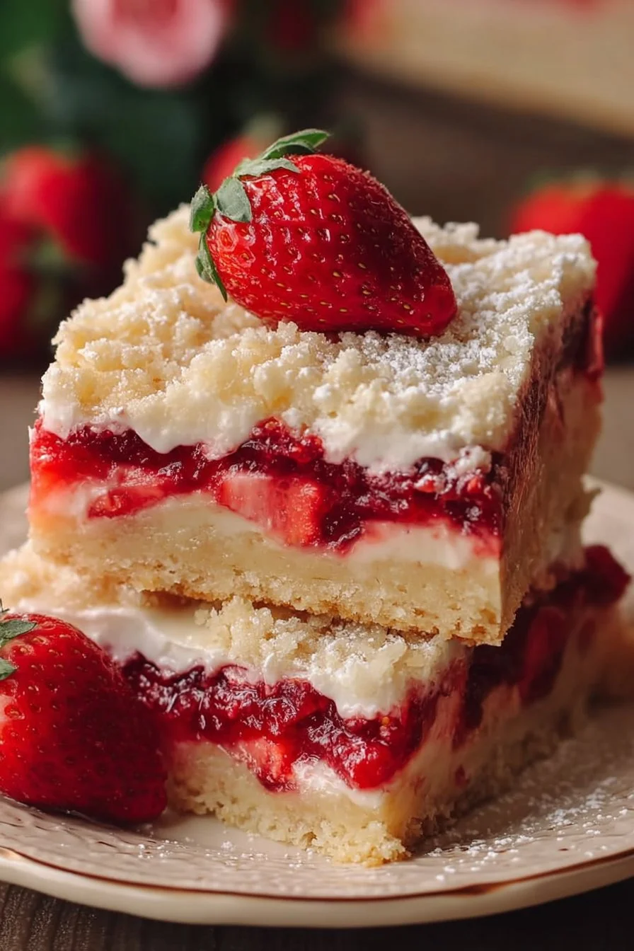 Delicious strawberry shortcake bars topped with fresh strawberries and whipped cream