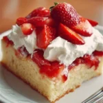 Delicious Strawberry Shortcake Sheet Cake with fresh strawberries and whipped cream