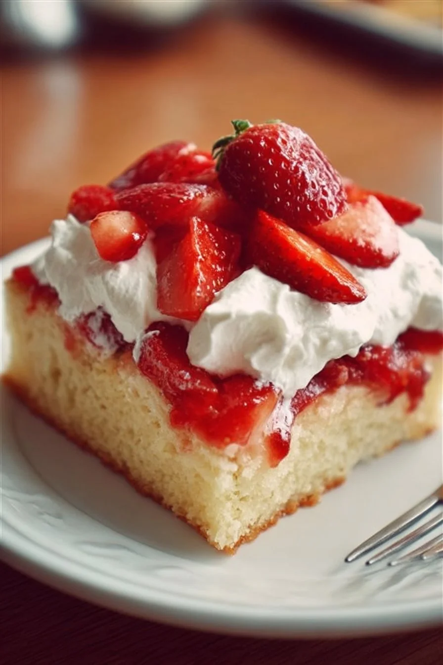 Delicious Strawberry Shortcake Sheet Cake with fresh strawberries and whipped cream