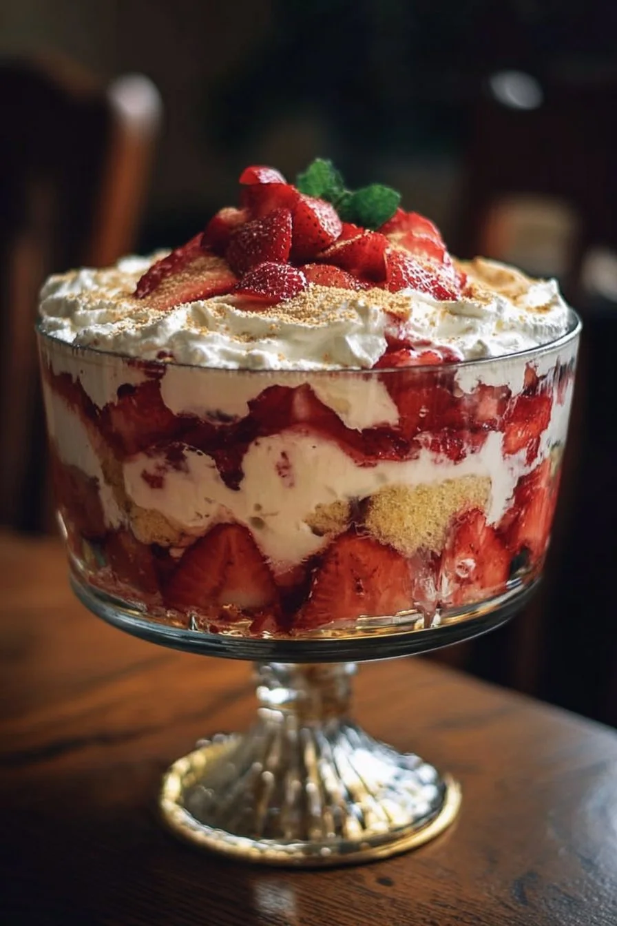 Delicious Strawberry Shortcake Trifle with layers of strawberries and cream