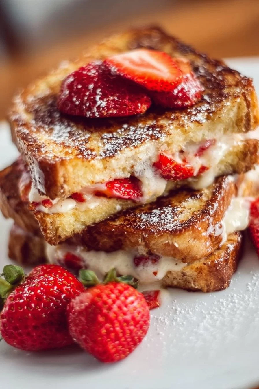Deliciously prepared Stuffed French Toast with berry filling and powdered sugar