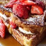Delicious Stuffed French Toast with berries and syrup on a plate