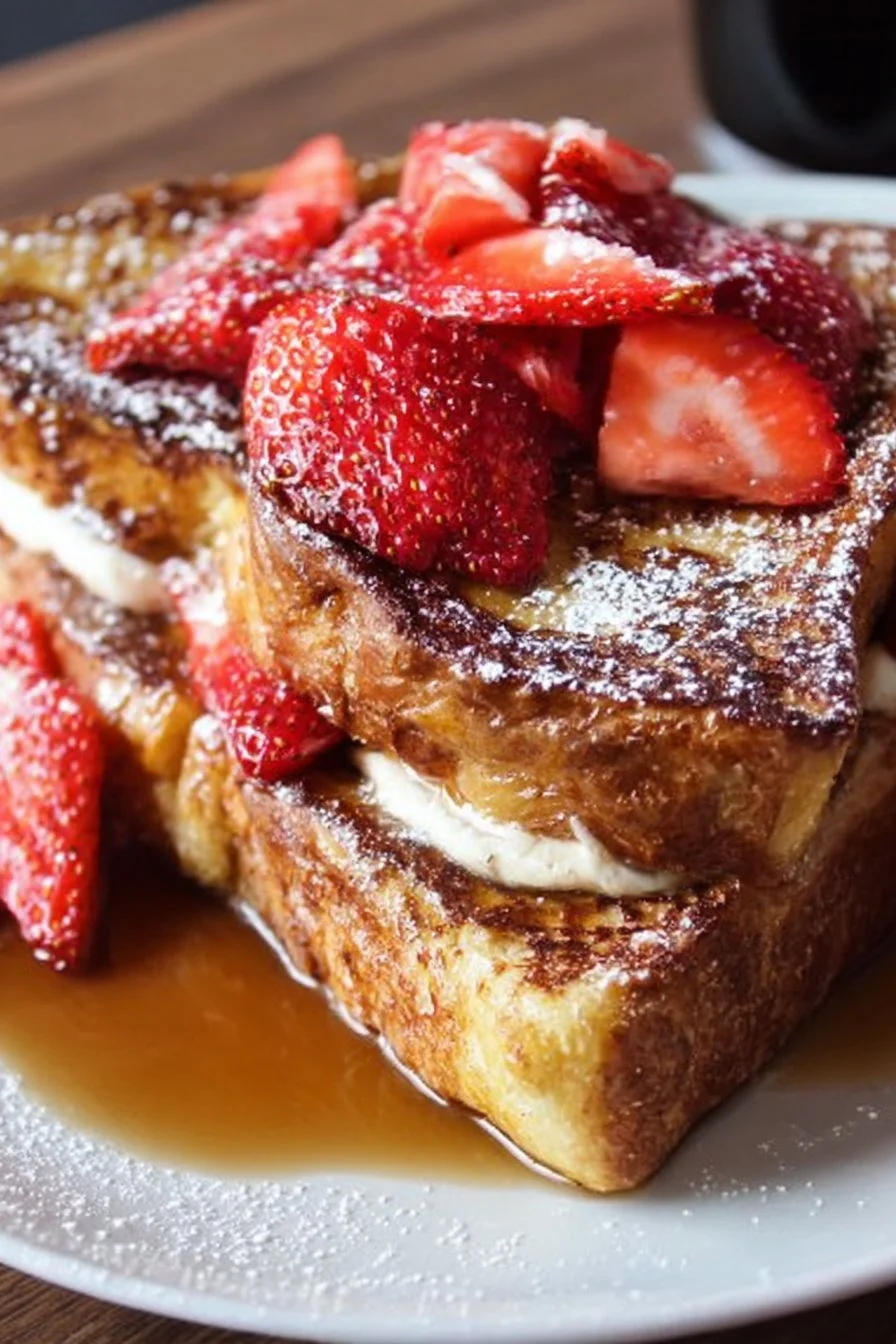 Delicious Stuffed French Toast with berries and syrup on a plate