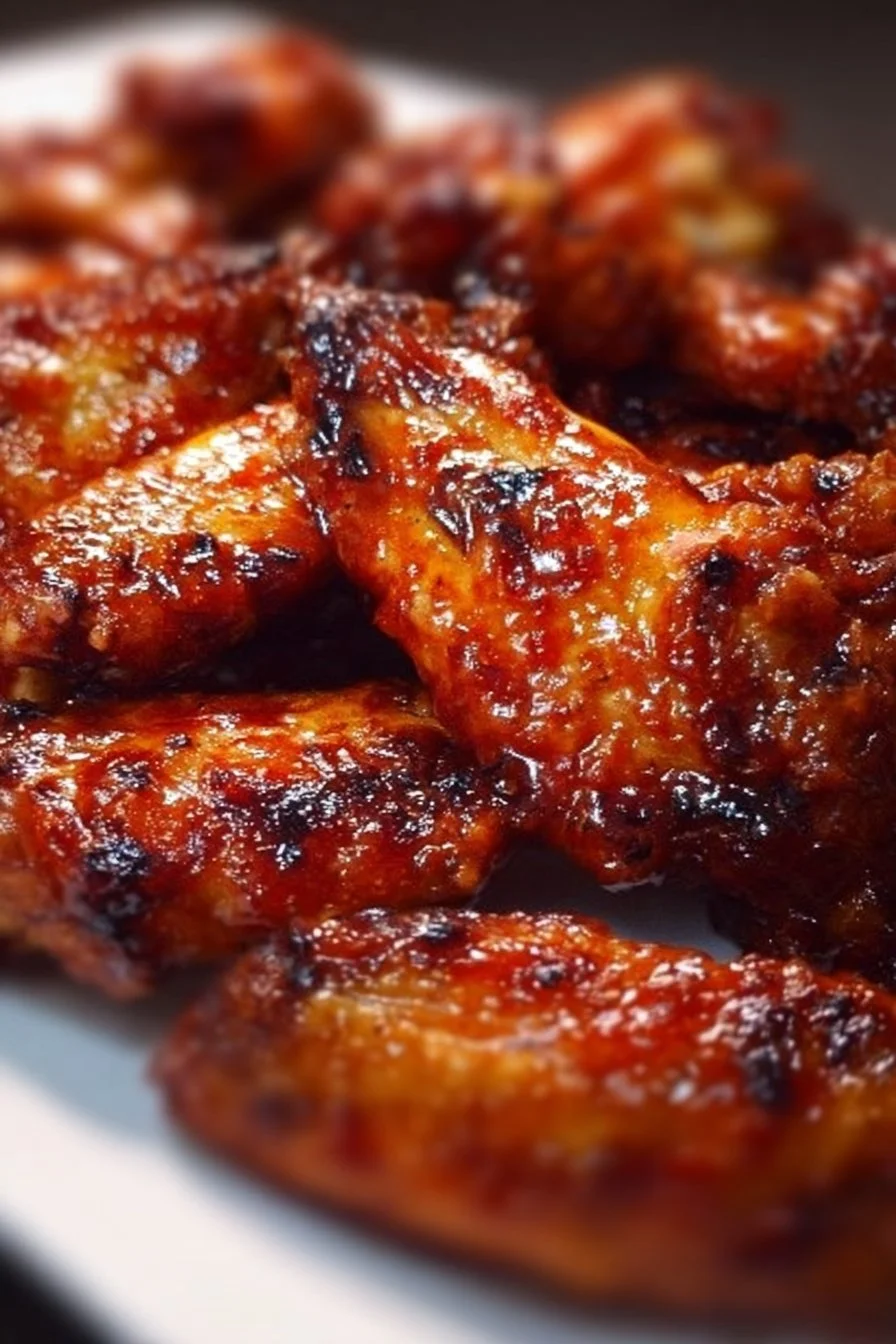 Crispy oven-baked honey BBQ chicken wings garnished with fresh herbs