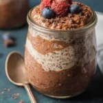 Bowl of Triple Chocolate Overnight Oats topped with chocolate and berries