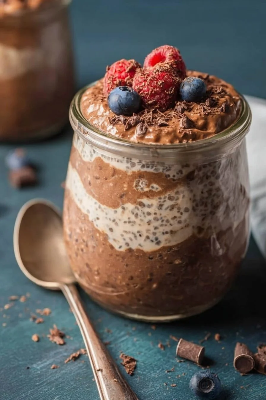 Bowl of Triple Chocolate Overnight Oats topped with chocolate and berries