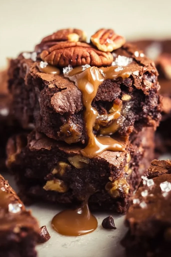 Decadent Turtle Brownies topped with caramel and pecans
