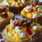 Delicious twice baked loaded breakfast potatoes topped with cheese and bacon